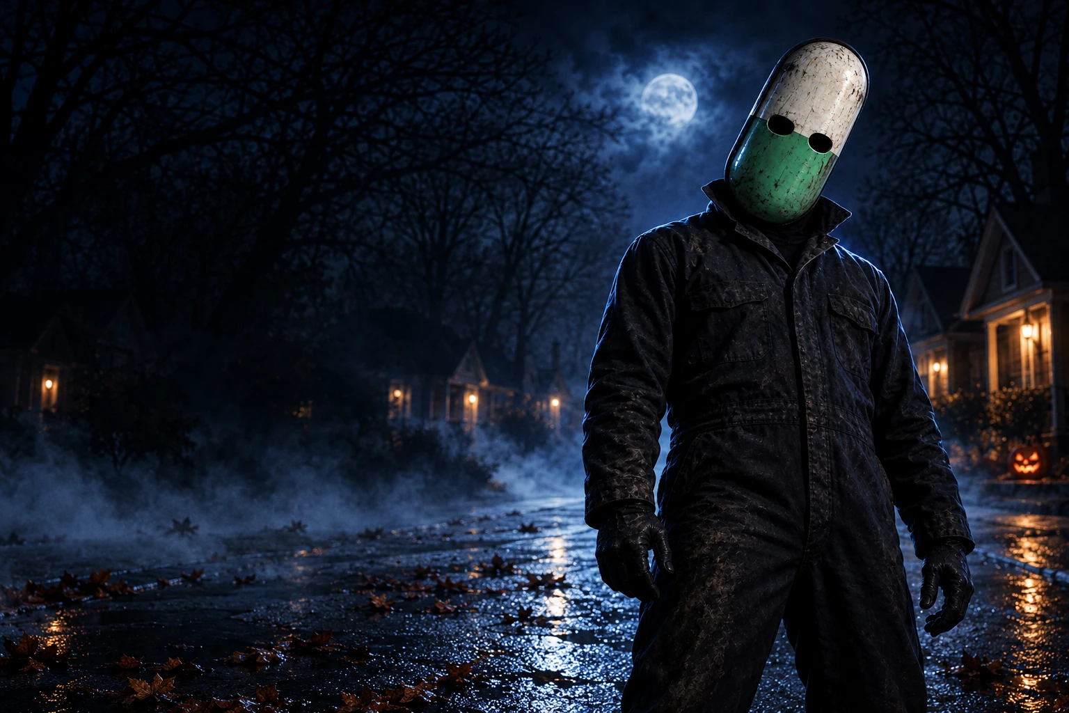 A silent figure in black coveralls wears a weathered green-and-white capsule mask on a foggy, moonlit street.